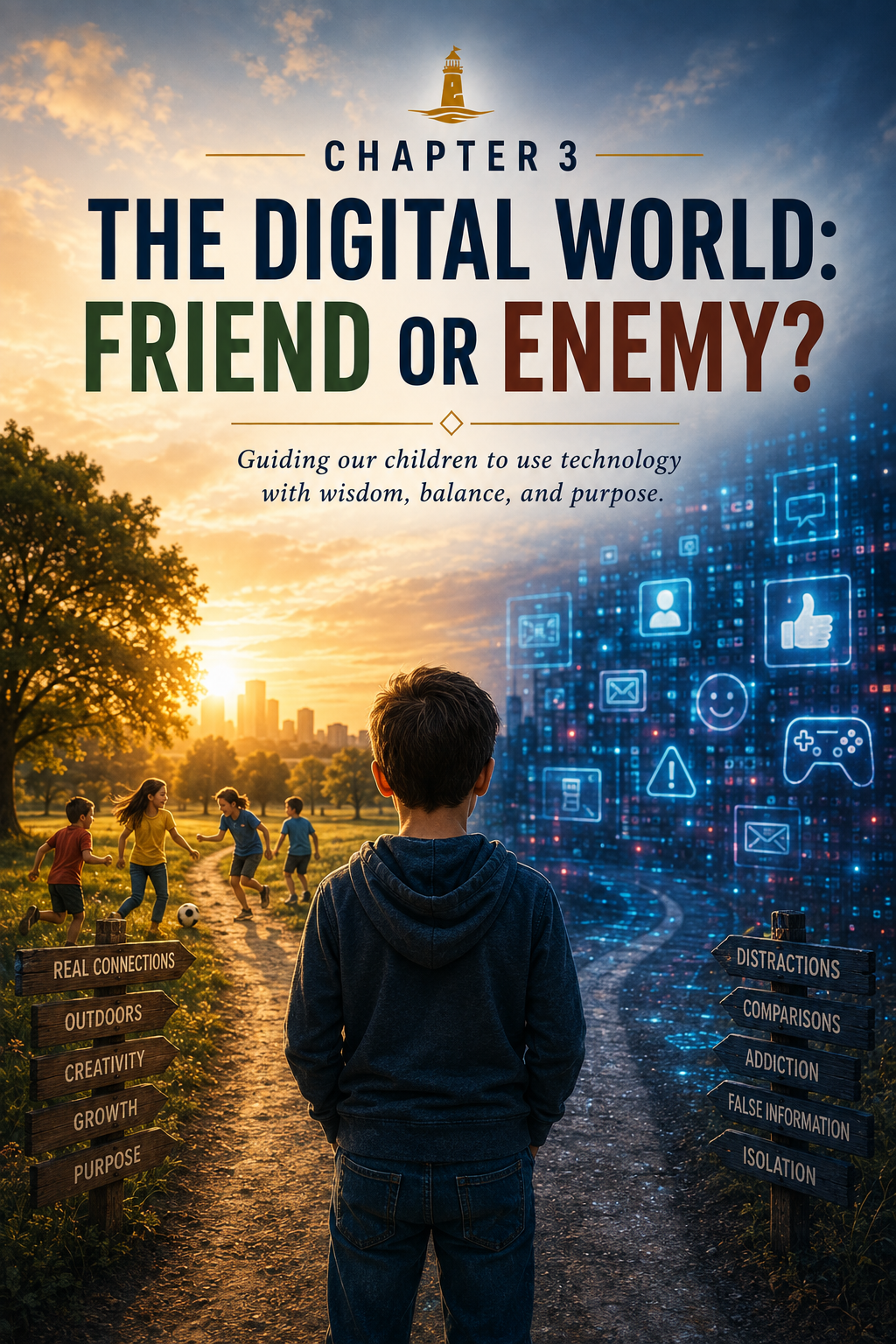 Chapter 3 artwork showing the balance between real-world childhood and digital life